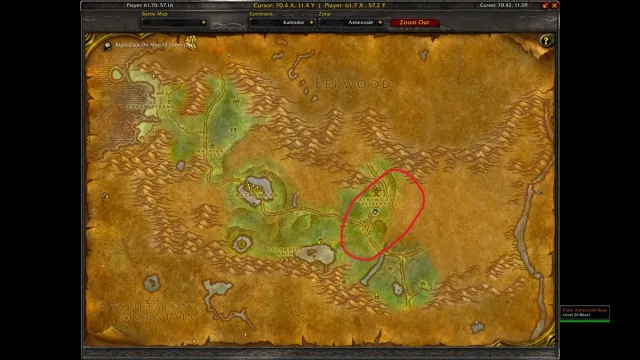 Map of Ashenvale showing  the location of Elder Ashenvale Bears
