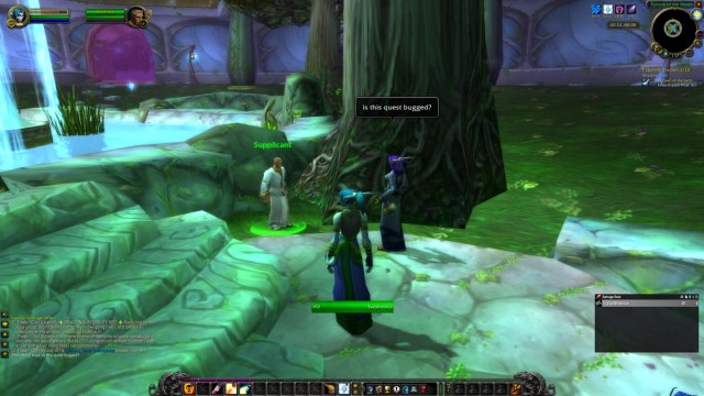 Two Night elf players standing next to a human NPC