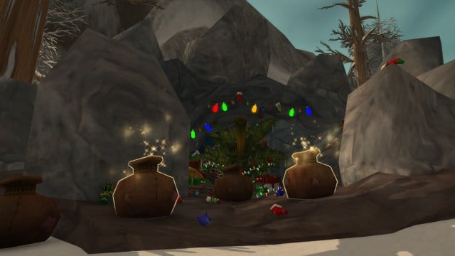 A cave in WoW Dragonflight stuffed with Winter Veil presents and decoration