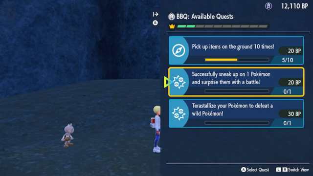 A screenshot of the in-game sneak up mission in Pokemon Scarlet and Violet.