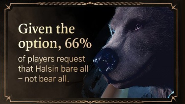The stats for the Druid Halsin's bear romance scene is displayed for Baldur's Gate 3, alongside a brown bear.