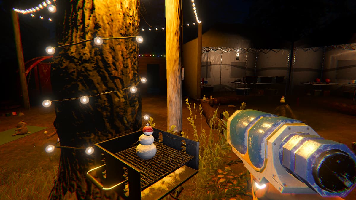 The player holding a snowball gun and aiming at a dancing snowman.