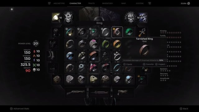 Inventory screen showing ring items including the Tarnished Ring