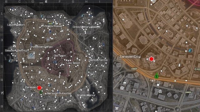 A screenshot of the MWZ Urzikstan tactical map with the Dokkaebi Fortress highlighted in red.