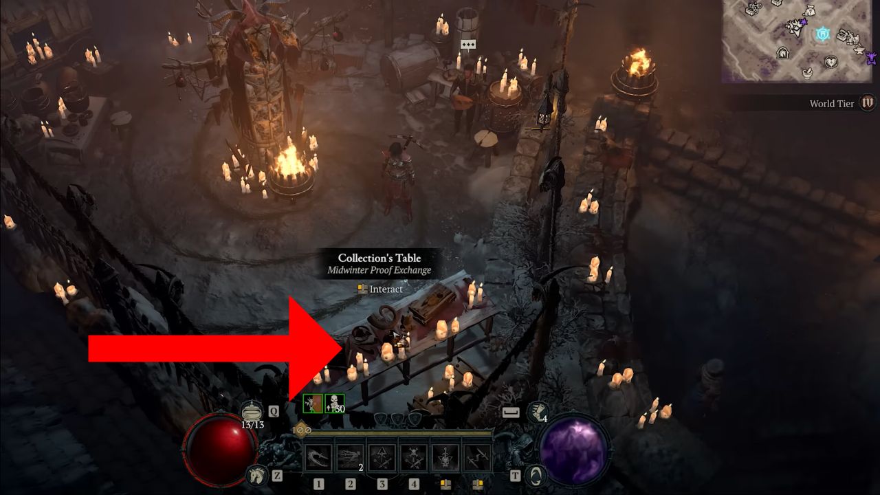 Red arrow pointing to the collection table location in the midwinter square in diablo 4