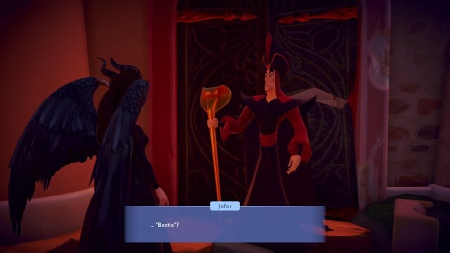 The player talking to Jafar as he says "bestie" in Disney Dreamlight Valley.
