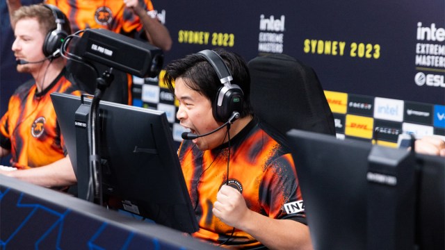 Dexter, an Australian Counter-Strike player, cheers at his PC after winning a round at IEM Sydney 2023.