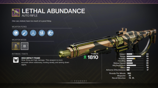 A graphic mimicking the in-game weapon inspect screen. The Lethal Abunance auto rifle is shown, with Slice and Hatchling equipped as its perks.