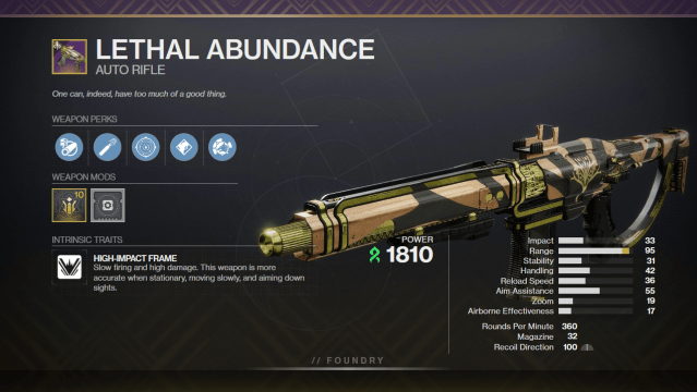 A graphic mimicking the in-game weapon inspect screen. Lethal Abundance is shown, equipped with Keep Away and Tap The Trigger as its two perks.