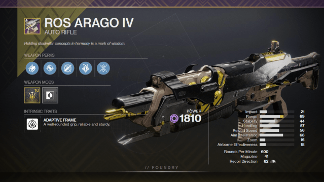 A graphic depicting Ros Arago IV with its perks and stats. It has Dynamic Sway Reduction and Onslaught equipped.