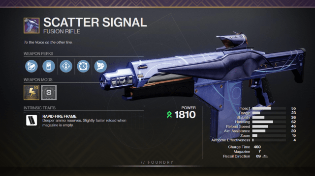 A graphic depicting Scatter Signal with its perks and stats displayed. Overflow and Controlled Burst are equipped.