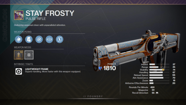 A graphic depicting Stay Frosty with its perks and stats. It has Enlightened Action and Desperado equipped.