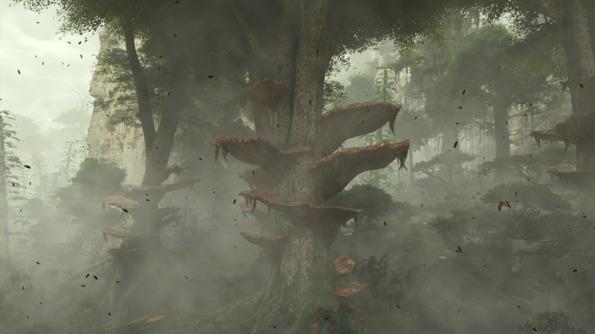 A huge Stairfoot tree in a rainy environment in Avatar: Frontiers of Pandora.