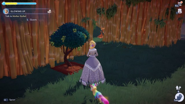 The player character is standing next to an Almond tree in Disney Dreamlight Valley