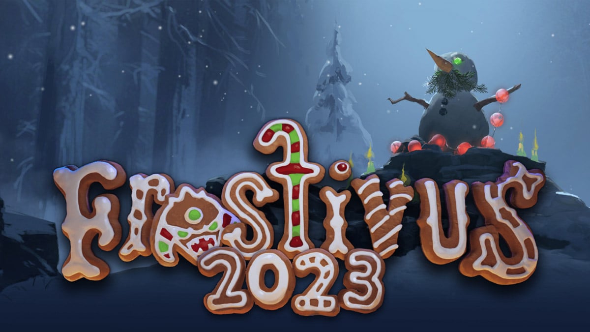 The Dota 2 Frostivus event logo with a snowman and a tree.