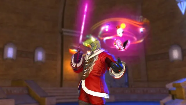A Green-skinned and haired man in red clothing holds a rapier and orb in FFXIV.