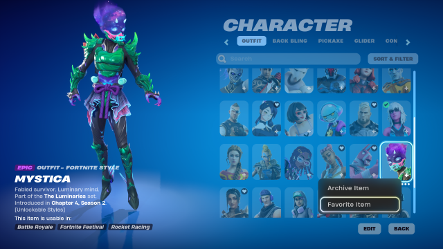 The Fortnite character outfit screen with the Mystica skin selected, and the option to Favorite the item displayed in the bottom right corner.