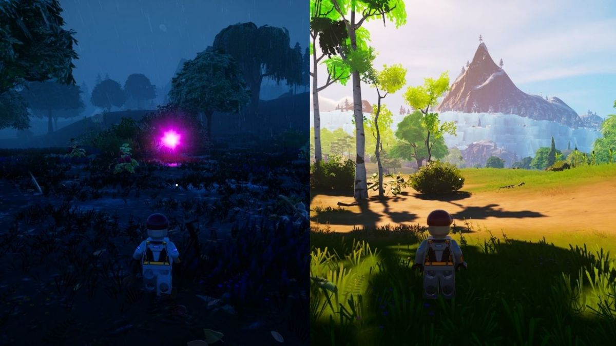 A LEGO Fortnite montage showing a fairy at night on the left picture, and a mountain on the horizon on the right picture.
