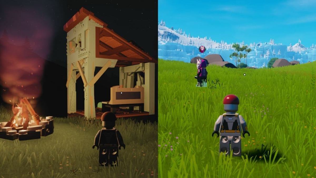 LEGO Fortnite worlds at night and daytime, side by side.