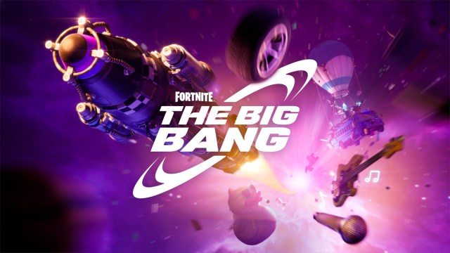 Splash art for Fortnite's The Big Bang event, with a motorcycle and a missile in the background.