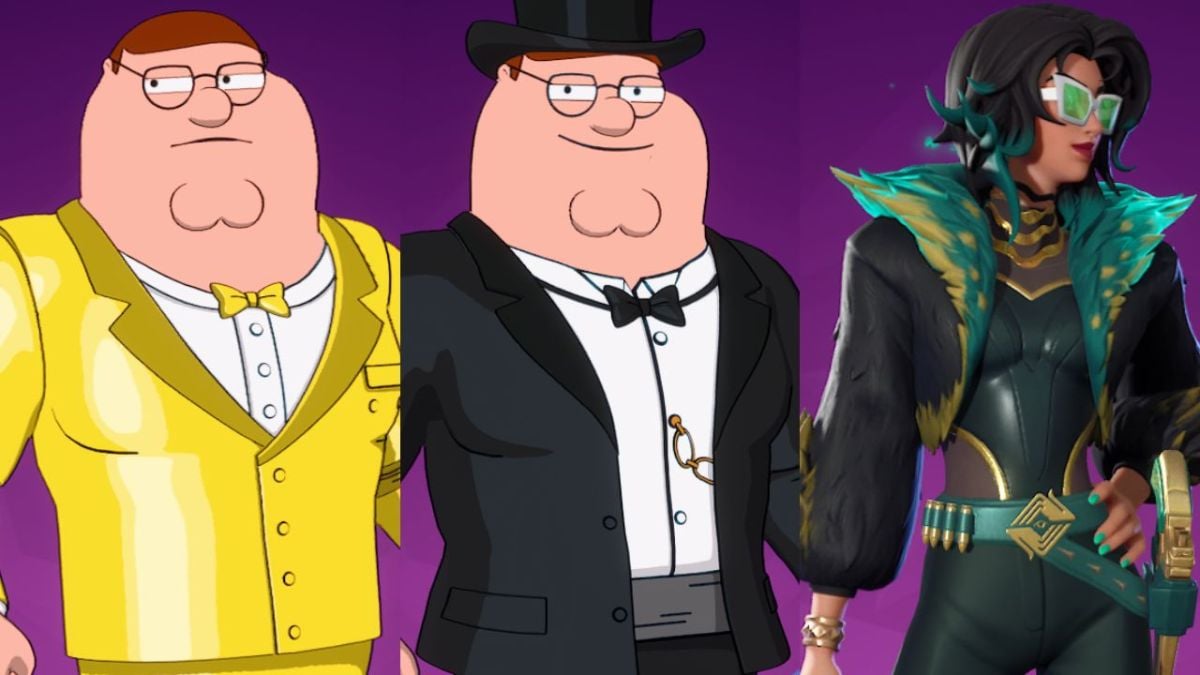 Montage of Fortnite skins showing Peter Griffin with a gold suit, with a standard suit, and Valeria.