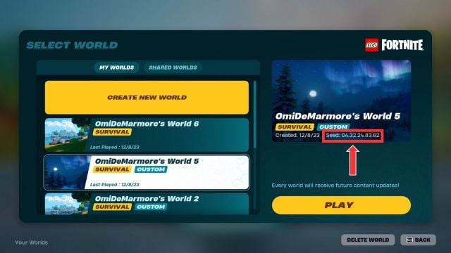 A red arrow points to the world seed in the LEGO Fortnite world selection screen.