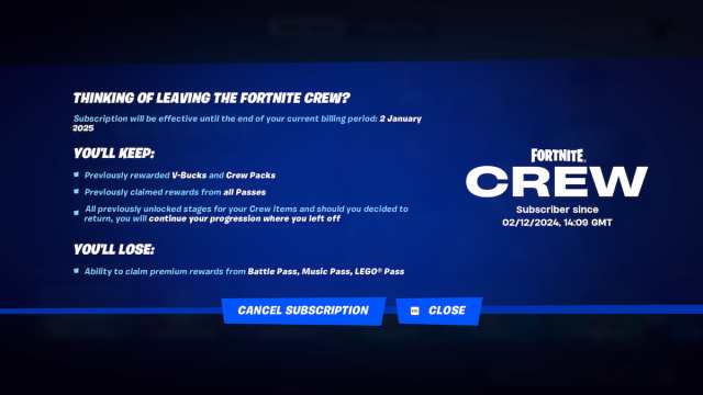 Fortnite Crew cancellation screen