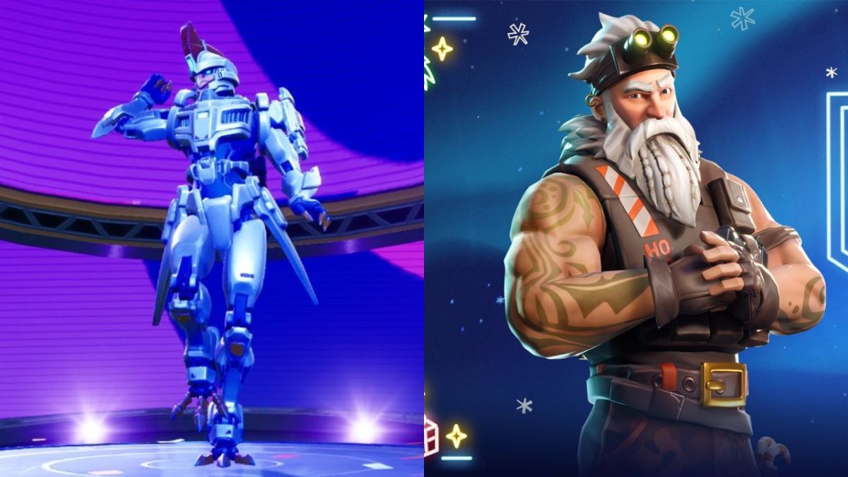 A split screen image of a Fortnite character dancing on the left and Sgt. Winter on the right.