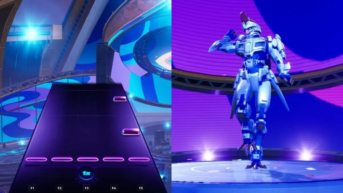 A split image showing the Fortnite Festival chart on the left and a character dancing on stage on the right.