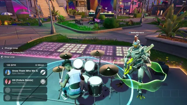 Two Fortnite characters jamming on the drums and the bass on a Festival Jam Stage.