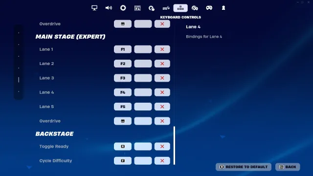 A screenshot of Fortnite Festival's settings on PC