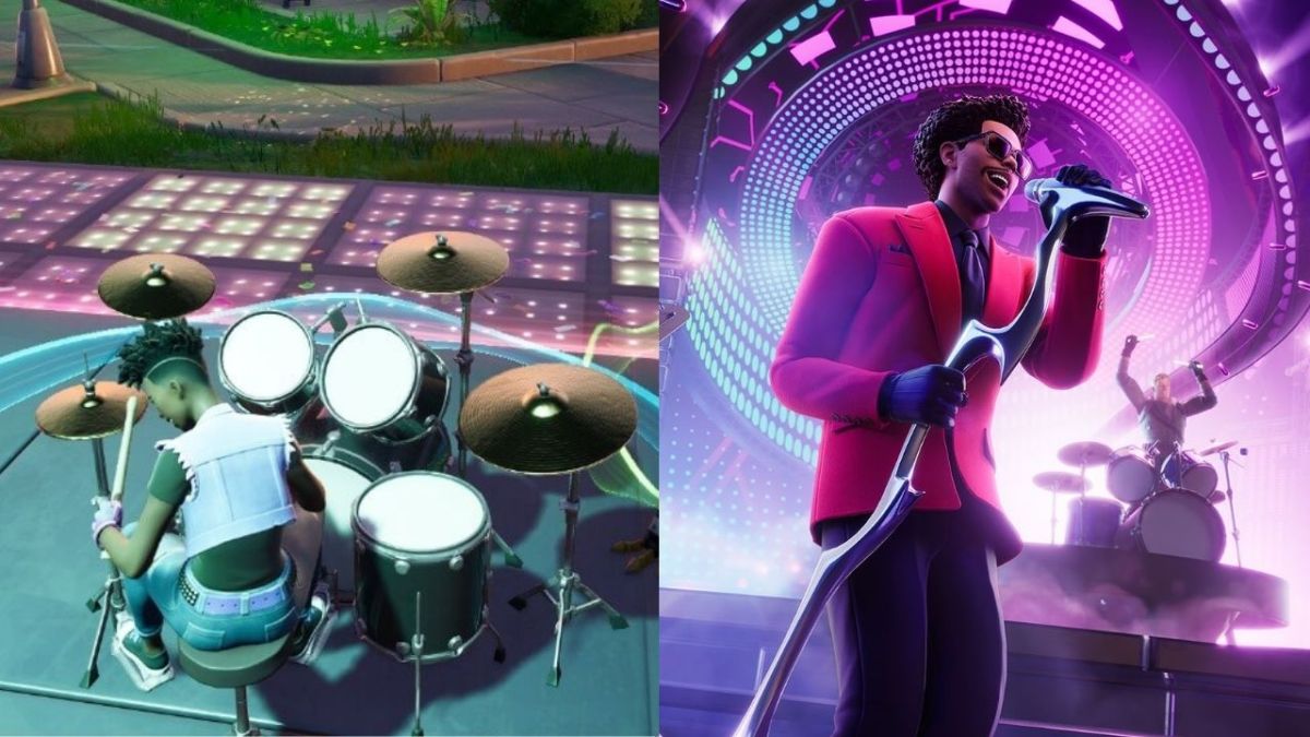 A split image showing a Fornite character jamming on the drums on the left, The Weeknd on the right.