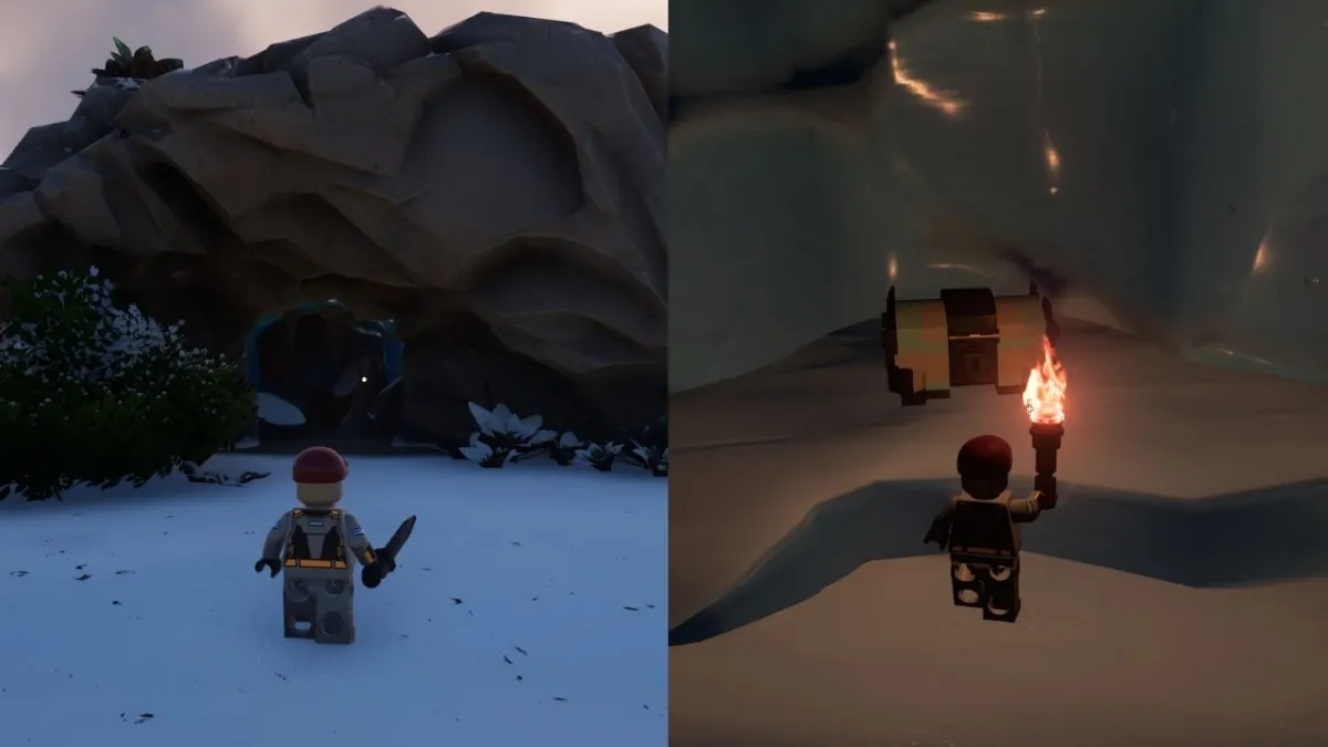 A LEGO Fortnite montage showing a character standing in front of a cave in the snow biome on the left, and in front of a chest inside the cave on the right.