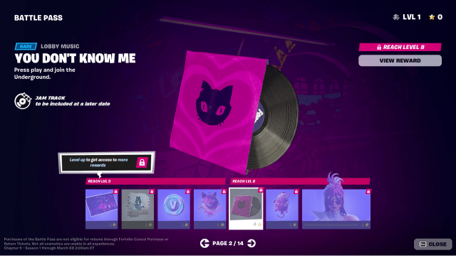 "You Don't Know Me" lobby song page in the Fortnite Battle Pass reward screen.
