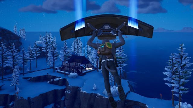 A Fortnite character flying to Krampus' house in Fortnite