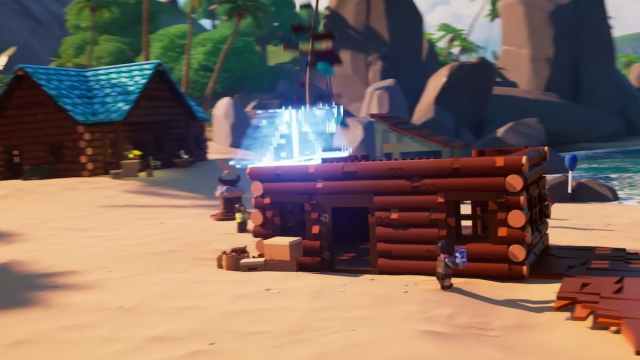 LEGO fortnite characters building LEGO houses on a Fortnite island