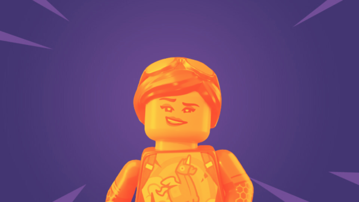 Fortnite LEGO character in yellow on a purple background
