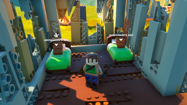 Two beds occupied by NPC villagers in LEGO Fortnite.