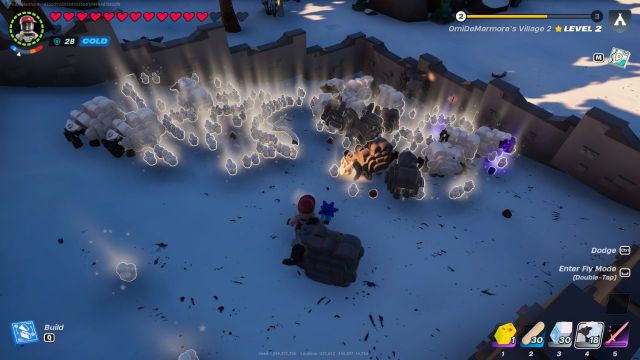 A LEGO Fortnite screenshot showing several Ram and Sheep inside a fenced area, surrounded by wool.