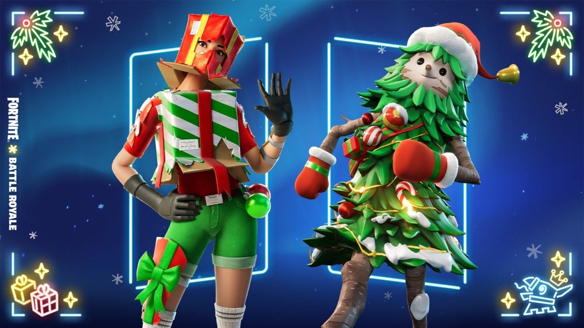 Two Fortnite characters dressed in Christmas clothes.