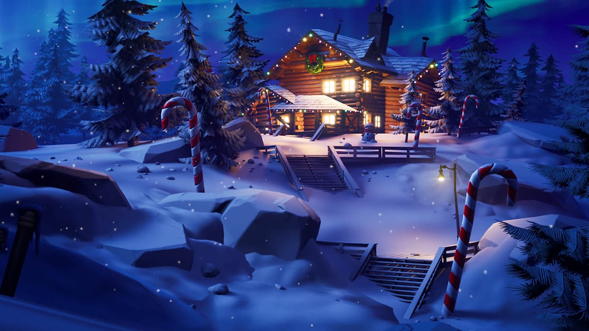 Fortnite Winterfest cabin in the snow forest
