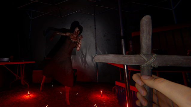A ghost trapped in a Summoning Circle while the player holds a Crucifix.