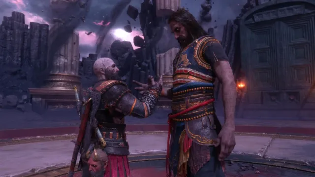 kratos and tyr shaking hands in god of war ragnarok valhalla dlc