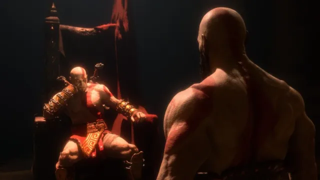 Old Kratos talking to young Kratos in God of War: Ragnarok's Valhalla DLC.