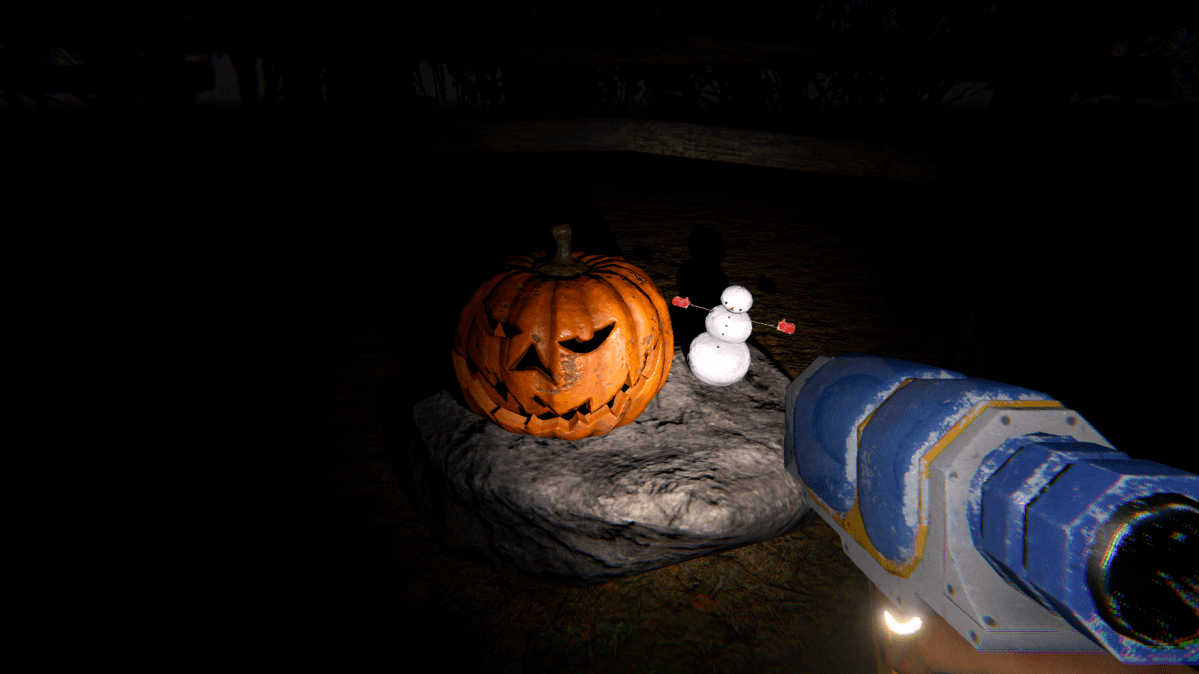A dancing snowman next to a pumpkin.