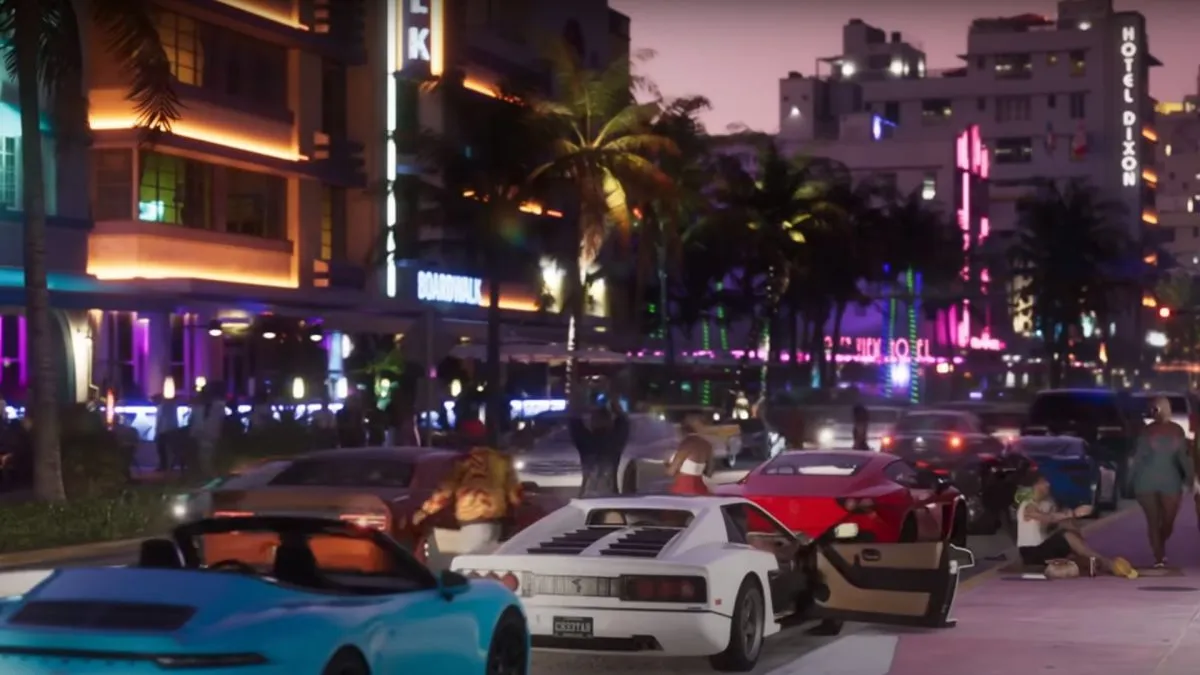 Cars line a street in sunset in GTA 6.