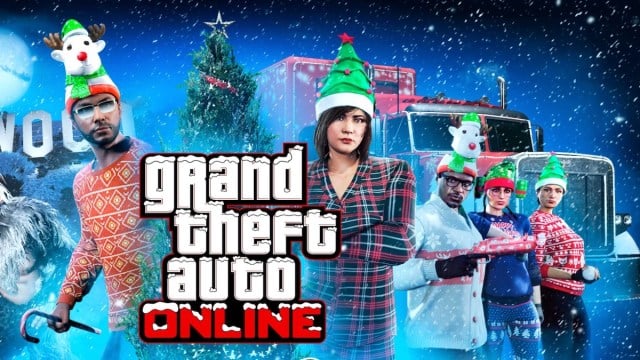 GTA Online characters wearing Christmas-themed outfits.