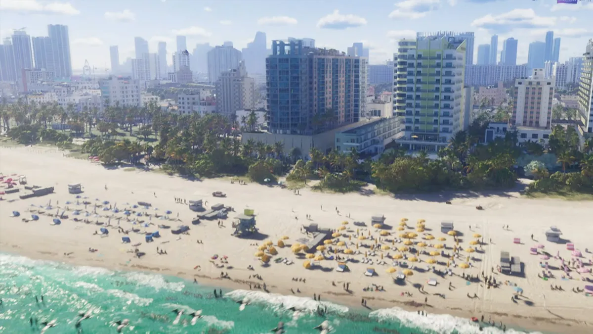 An idyllic beachfront with a city in the background in GTA 6.