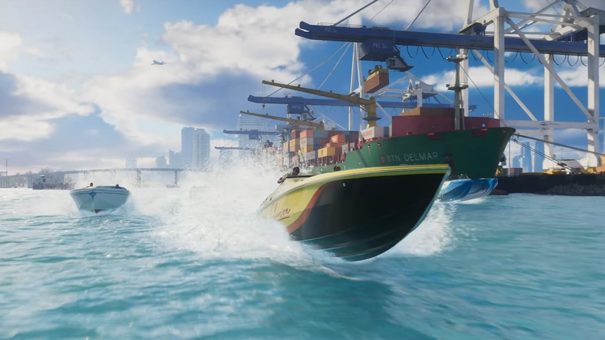 People on fast boats speed past the Vice City dock in GTA 6.