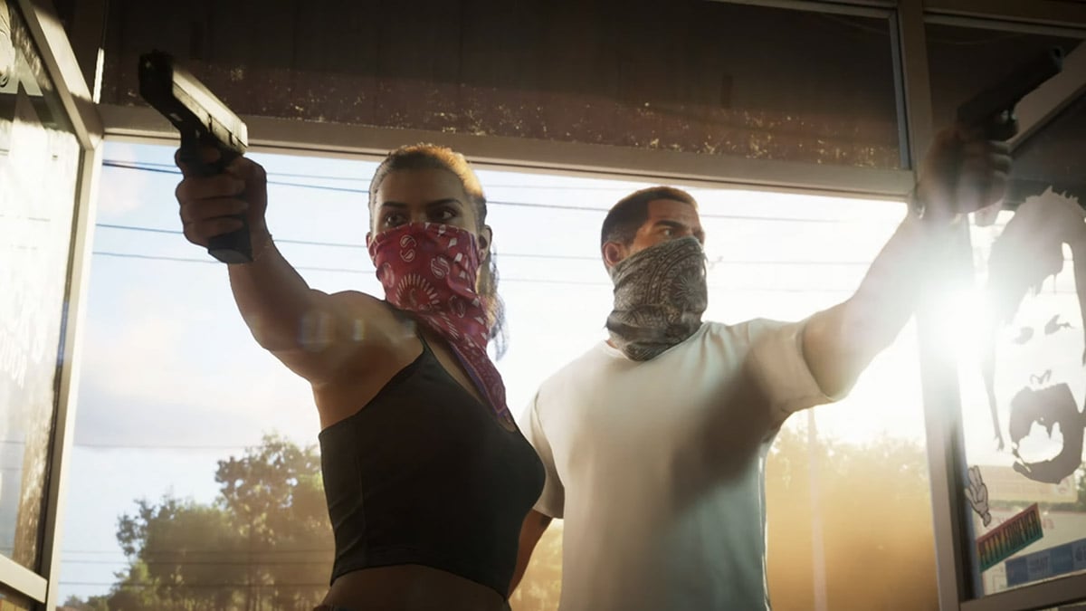 Lucia and Jason from GTA 6, busting into a gas station with their weapons drawn wearing bandanas.